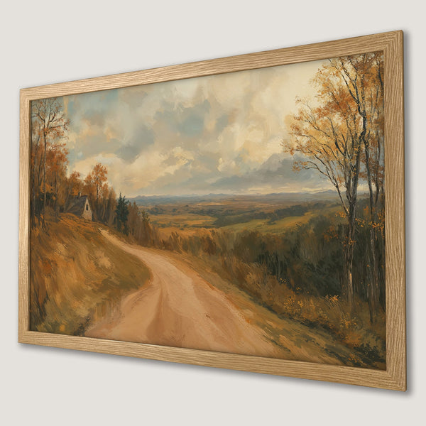 Framed Poster of a scenic landscape painting in warm autumn tones. Perfect wall art for cozy decor.