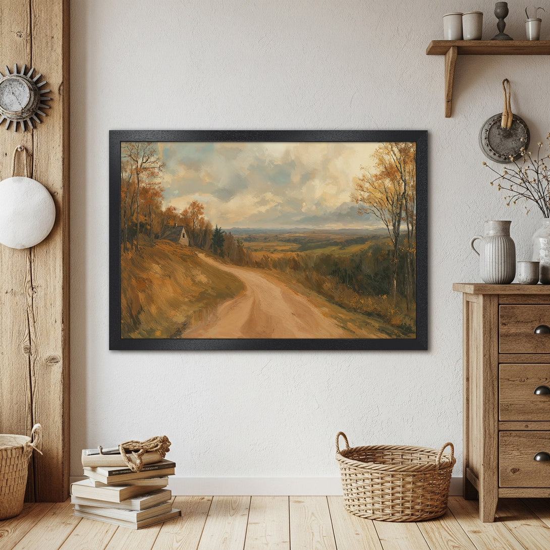Framed Poster of a scenic landscape painting in warm autumn tones. Rustic style, perfect for home decor.