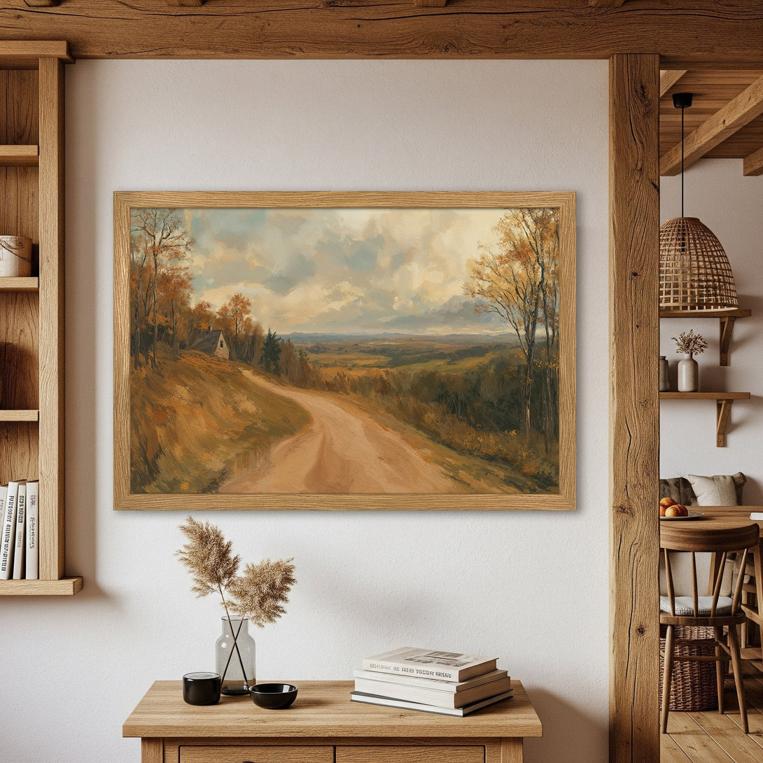 Framed Poster of a scenic landscape in warm autumn tones. Rustic style with a golden and earthy color palette, perfect for home decor.