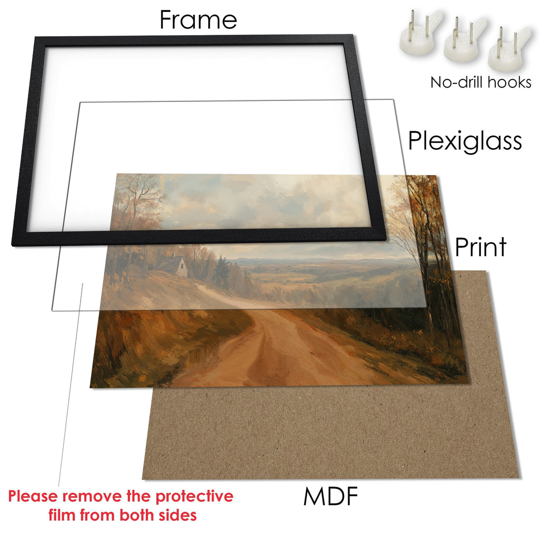 Framed Poster: Landscape art print in warm autumn tones, ready to hang. Enhance your home decor!