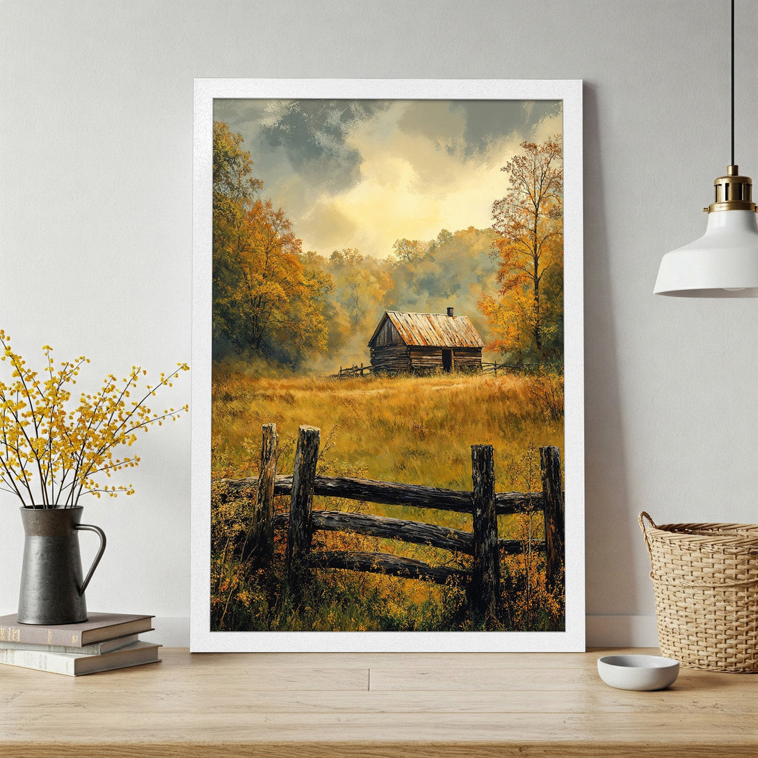 Framed Poster featuring a rustic cabin scene with warm autumn colors and a painterly style. Perfect for cozy home decor.