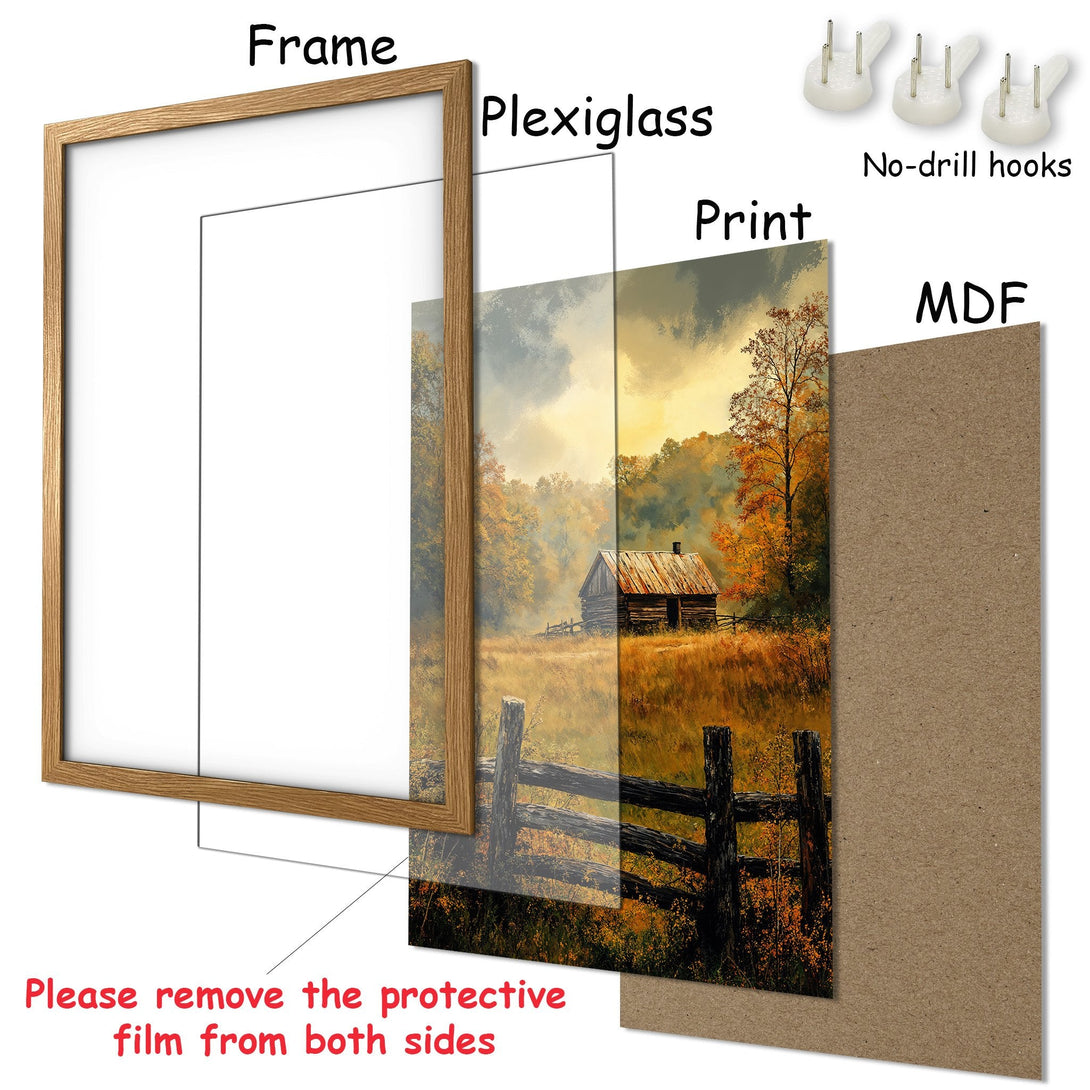Framed Poster featuring a serene landscape with a cabin, warm autumnal colors, and a rustic style. Perfect wall art!