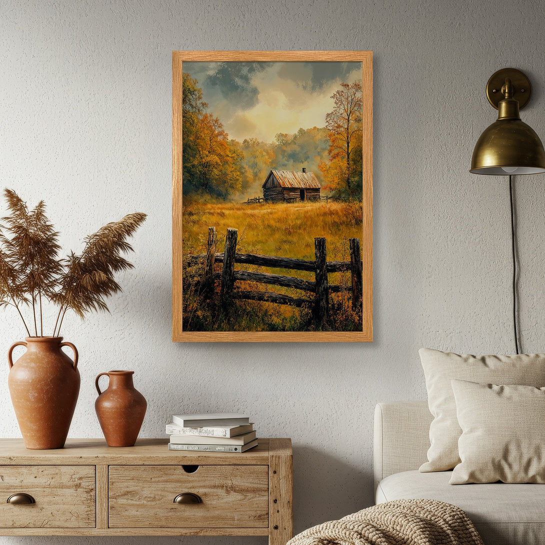 Framed Poster of a rustic cabin in an autumn landscape. Warm, earthy tones create a cozy, inviting feel. Perfect wall art!