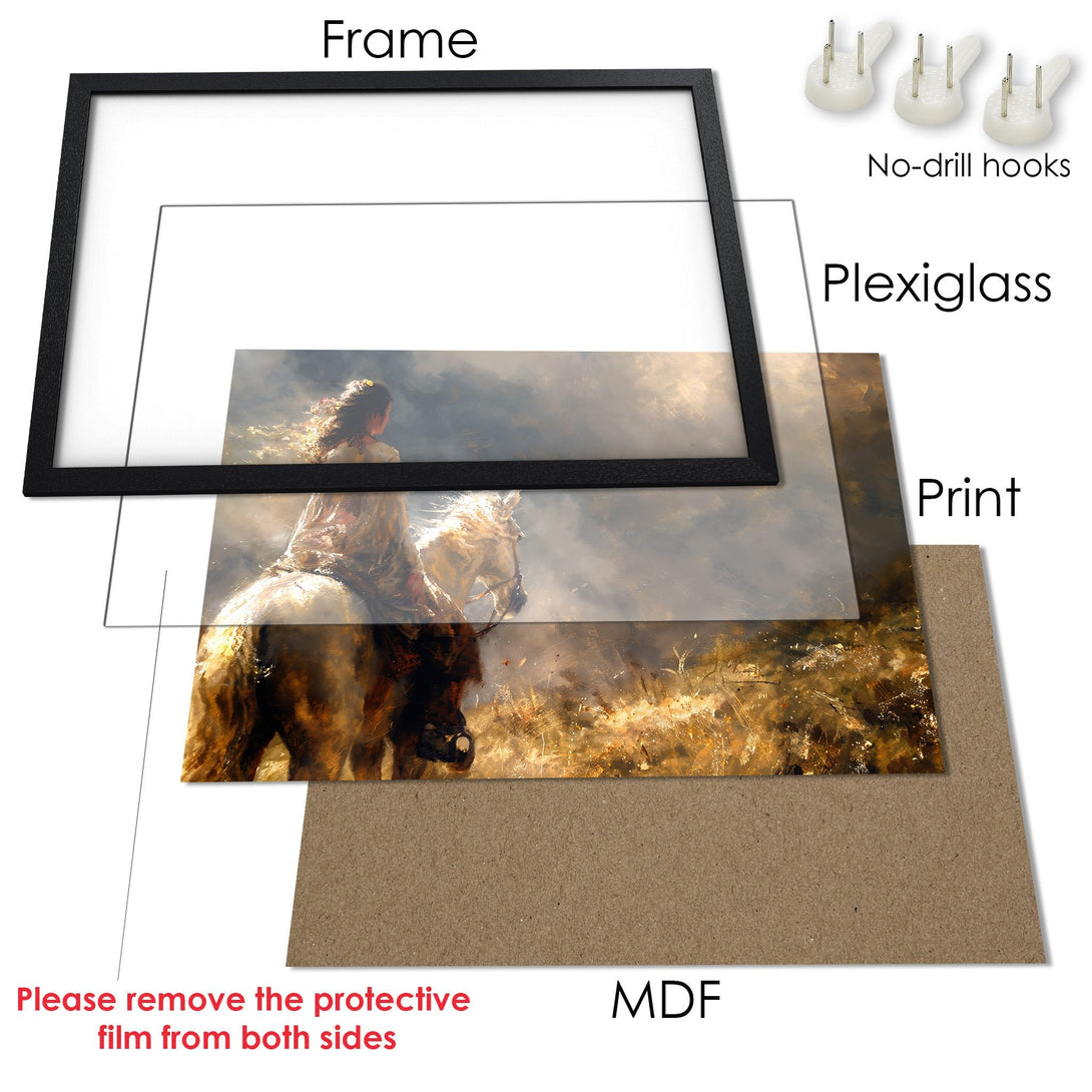 Framed Poster featuring a woman on a horse, painted in a romantic style with warm, earthy tones. Perfect wall art!