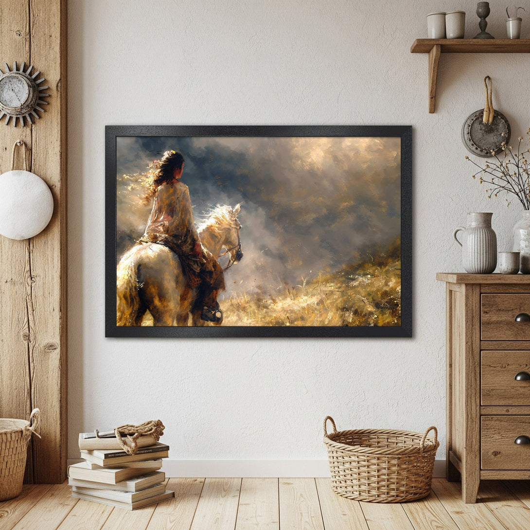 Framed Poster of a woman riding a horse, impressionistic style, warm golden and earthy tones. Perfect wall art.