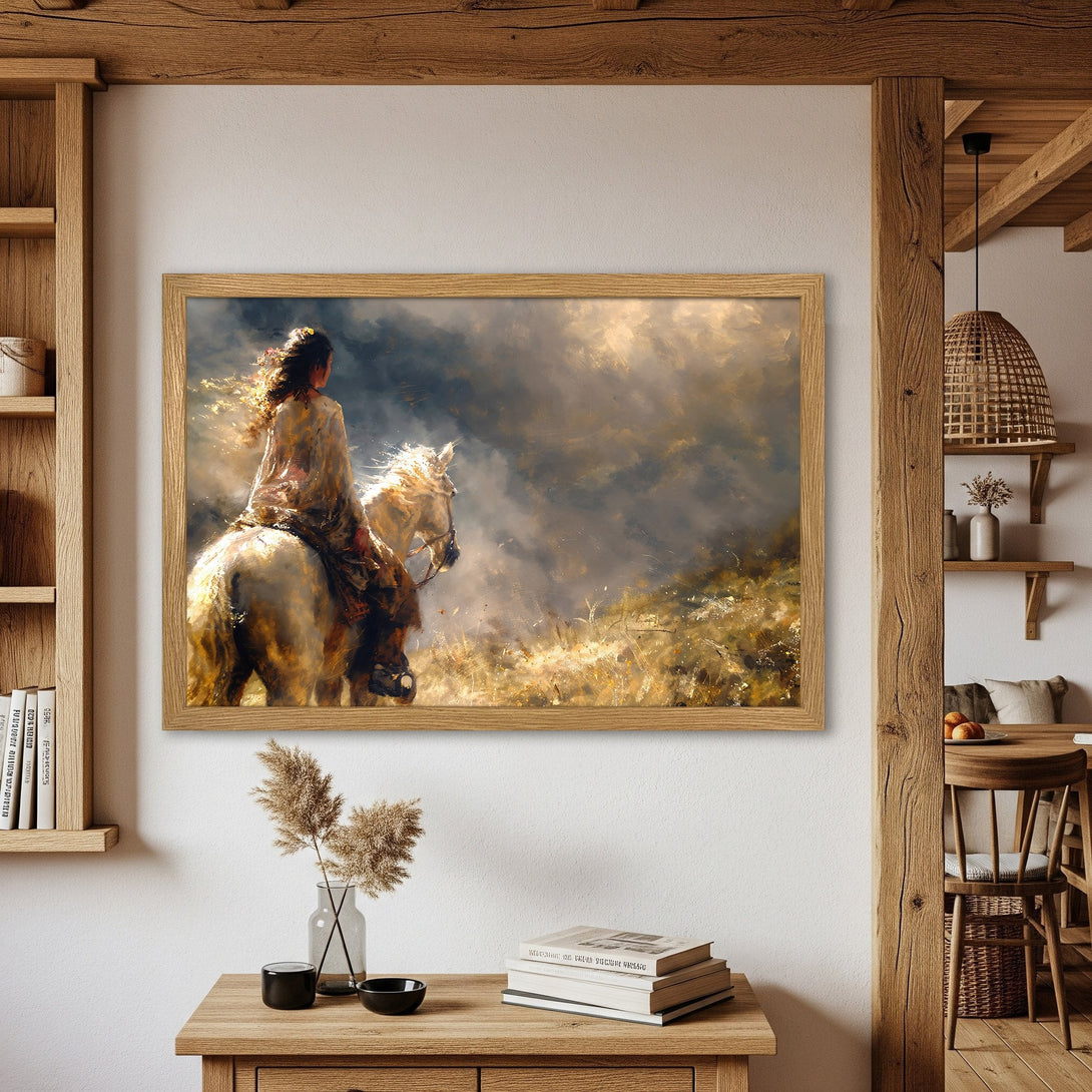 Framed Poster featuring a woman riding a horse, painted in a warm, golden color palette. Evokes a sense of freedom and adventure.