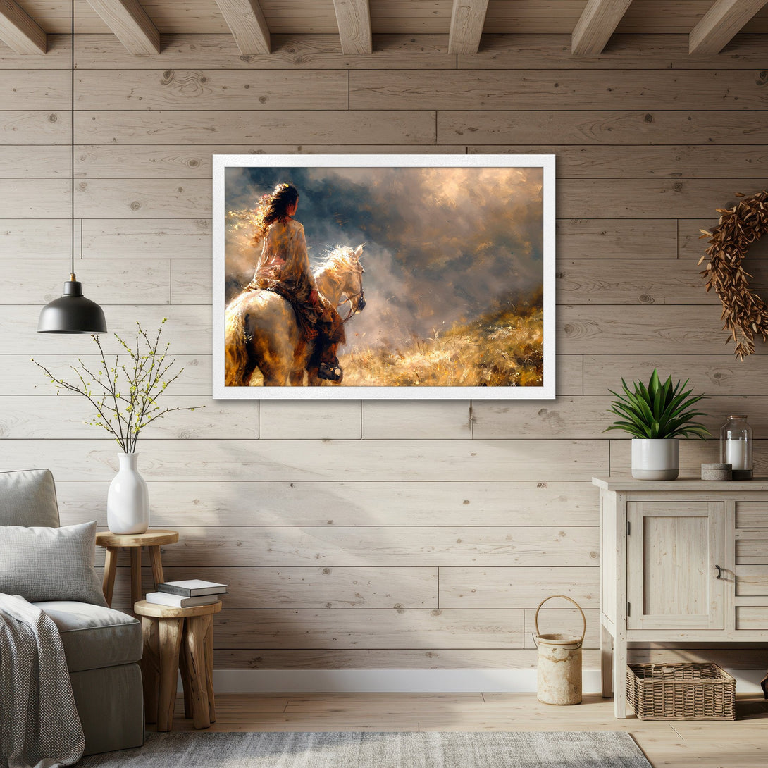 Framed Poster of woman on horseback, warm earthy tones, impressionistic style, perfect for rustic decor.