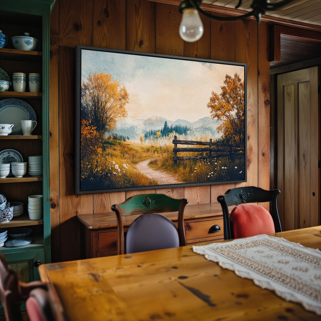 Framed Wall Art: Landscape Canvas Print featuring a path through a field with fall colors. Warm, inviting color palette perfect for any home.