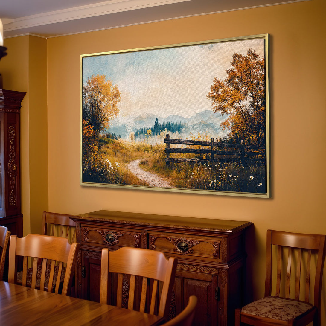 Canvas Print of a serene landscape with warm autumn colors. Rustic style, featuring a pathway, fence, and mountains. Earthy tones create a cozy atmosphere.