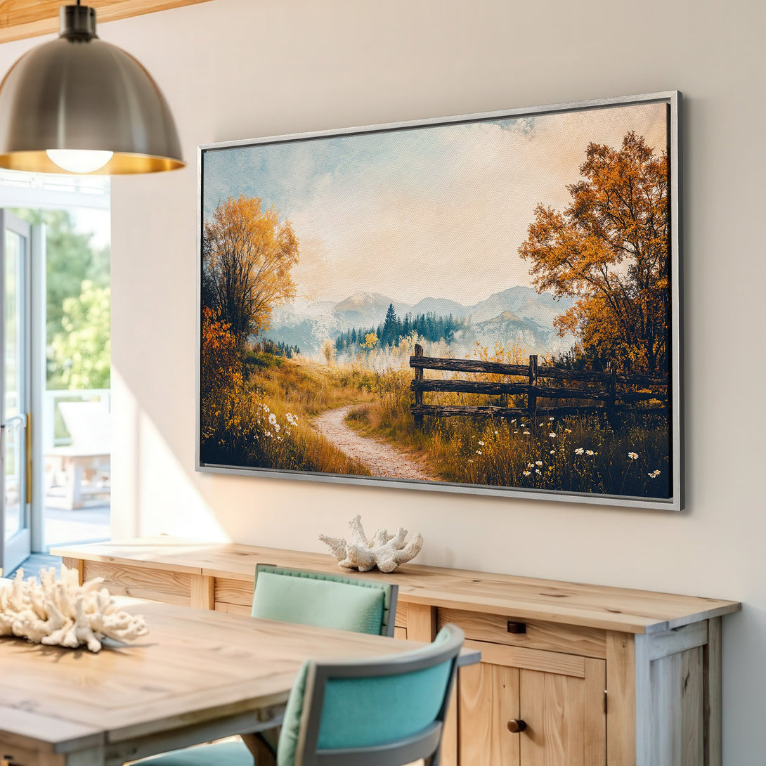 Framed Wall Art: Landscape Canvas Print of a scenic path, warm autumn colors. Rustic style art for home decor.