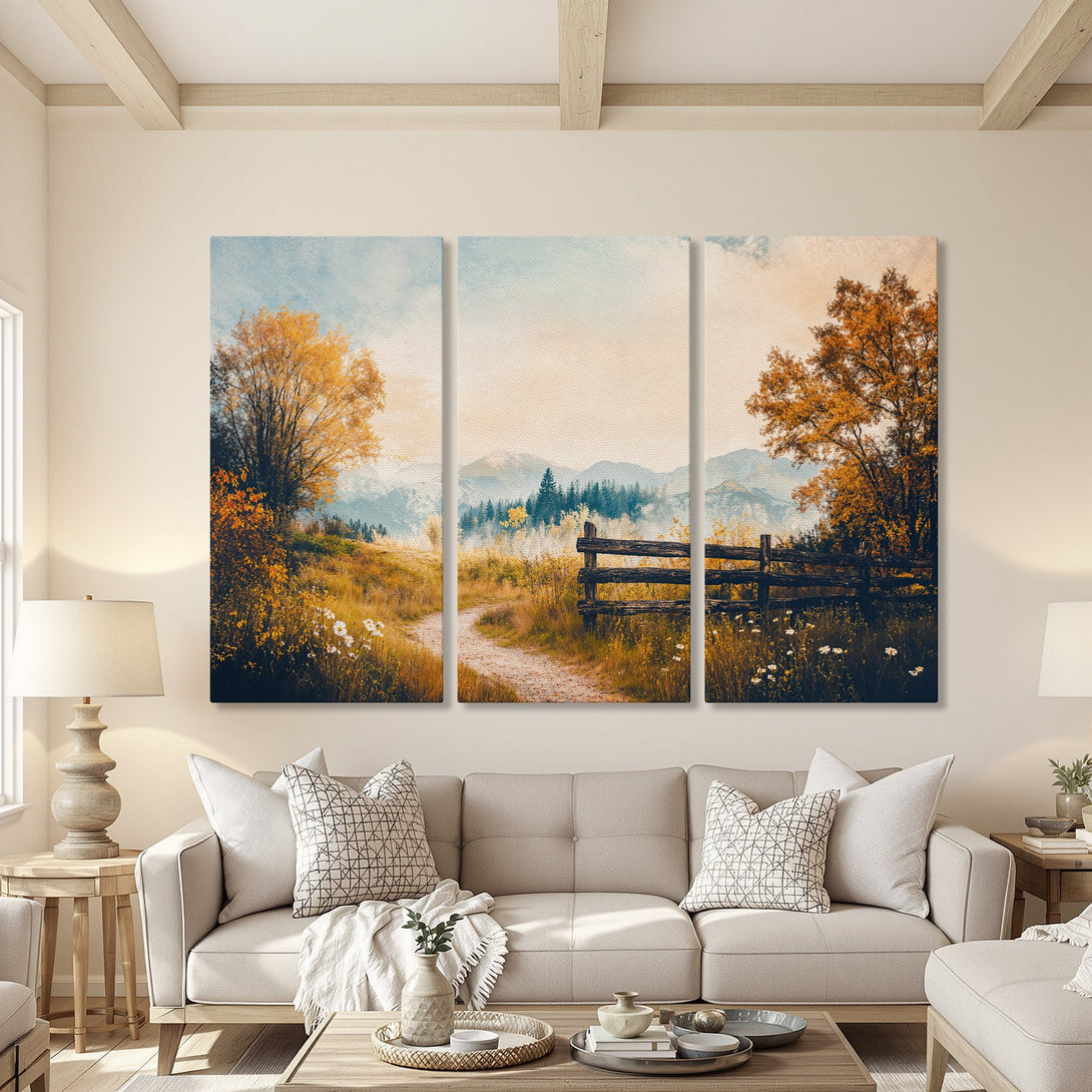 Canvas Print of a serene landscape with a path, fence, and trees in warm autumnal colors. Perfect for adding a touch of nature to your home.
