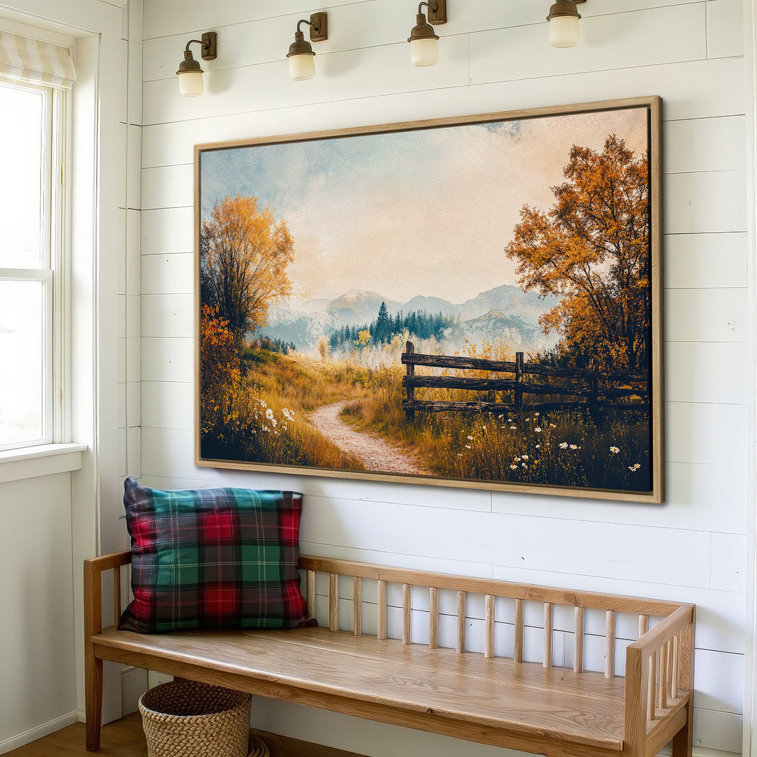 Framed Wall Art: Landscape Canvas Print with autumn colors. Rustic style artwork featuring a path, fence, and mountains in a warm, inviting palette.
