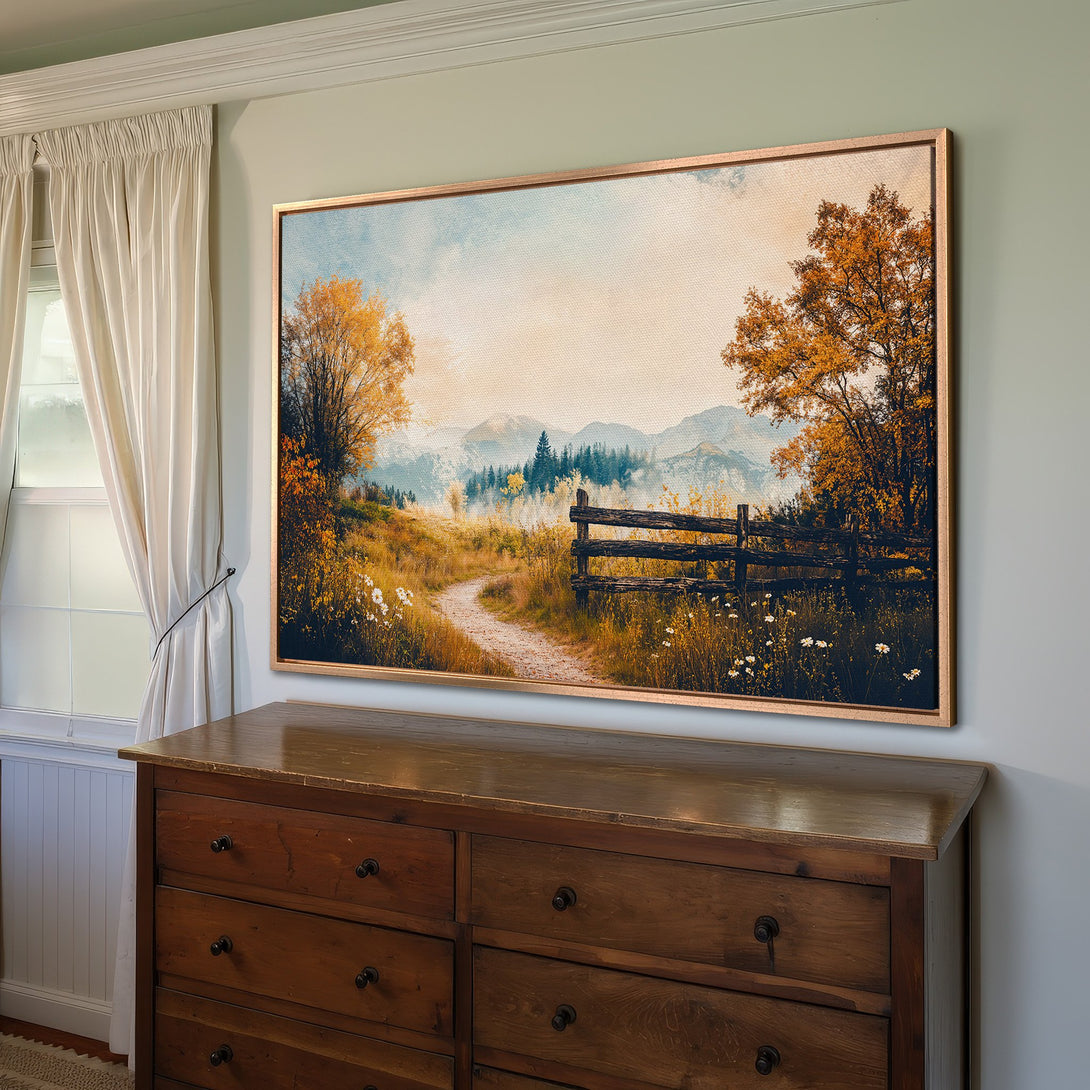 Framed Wall Art: Landscape Canvas Print with warm autumn colors. Features a scenic path, mountains, and trees, perfect for home decor.