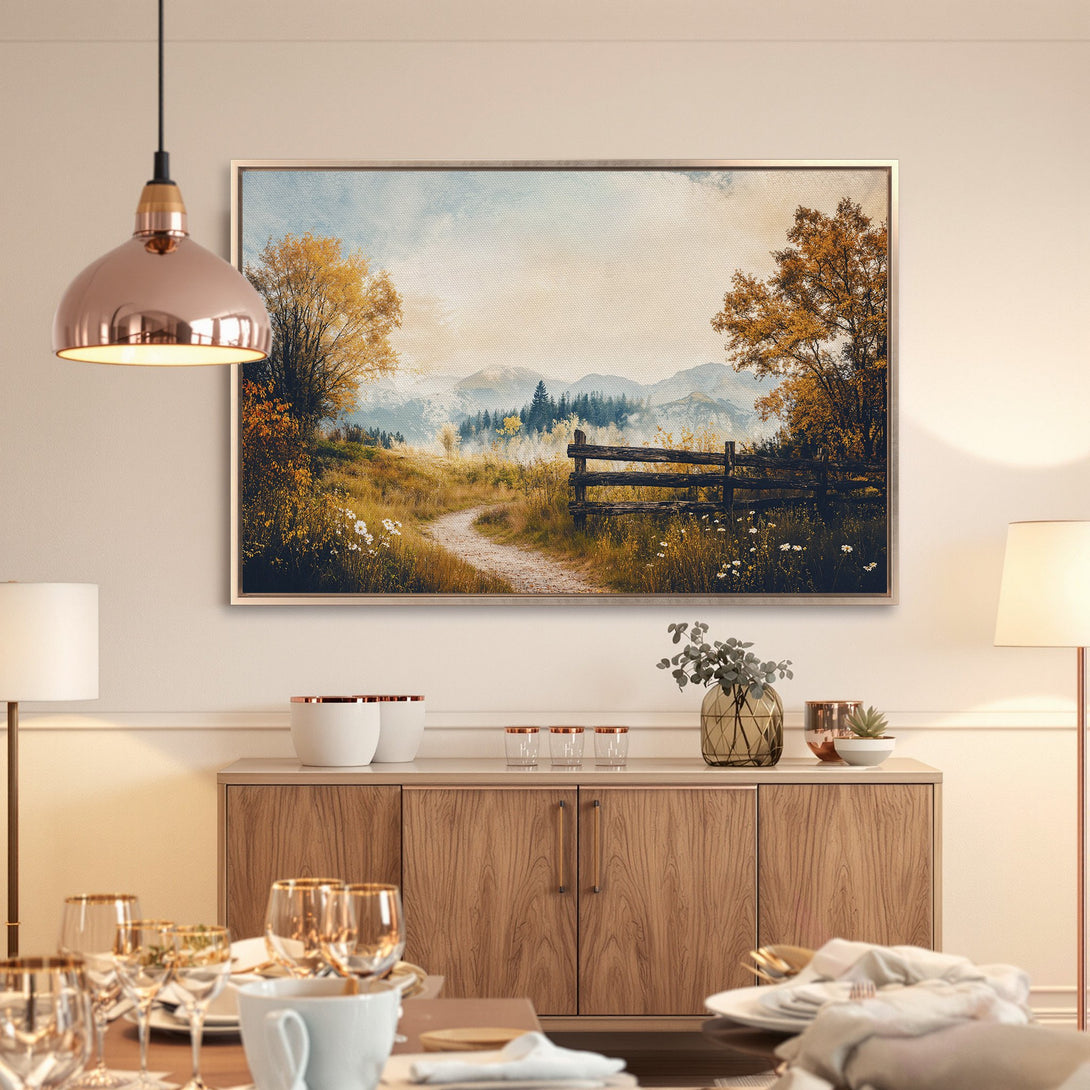 Framed Wall Art: Landscape Canvas Print in warm autumn tones. Rustic path scene with gold frame, perfect for living room decor.