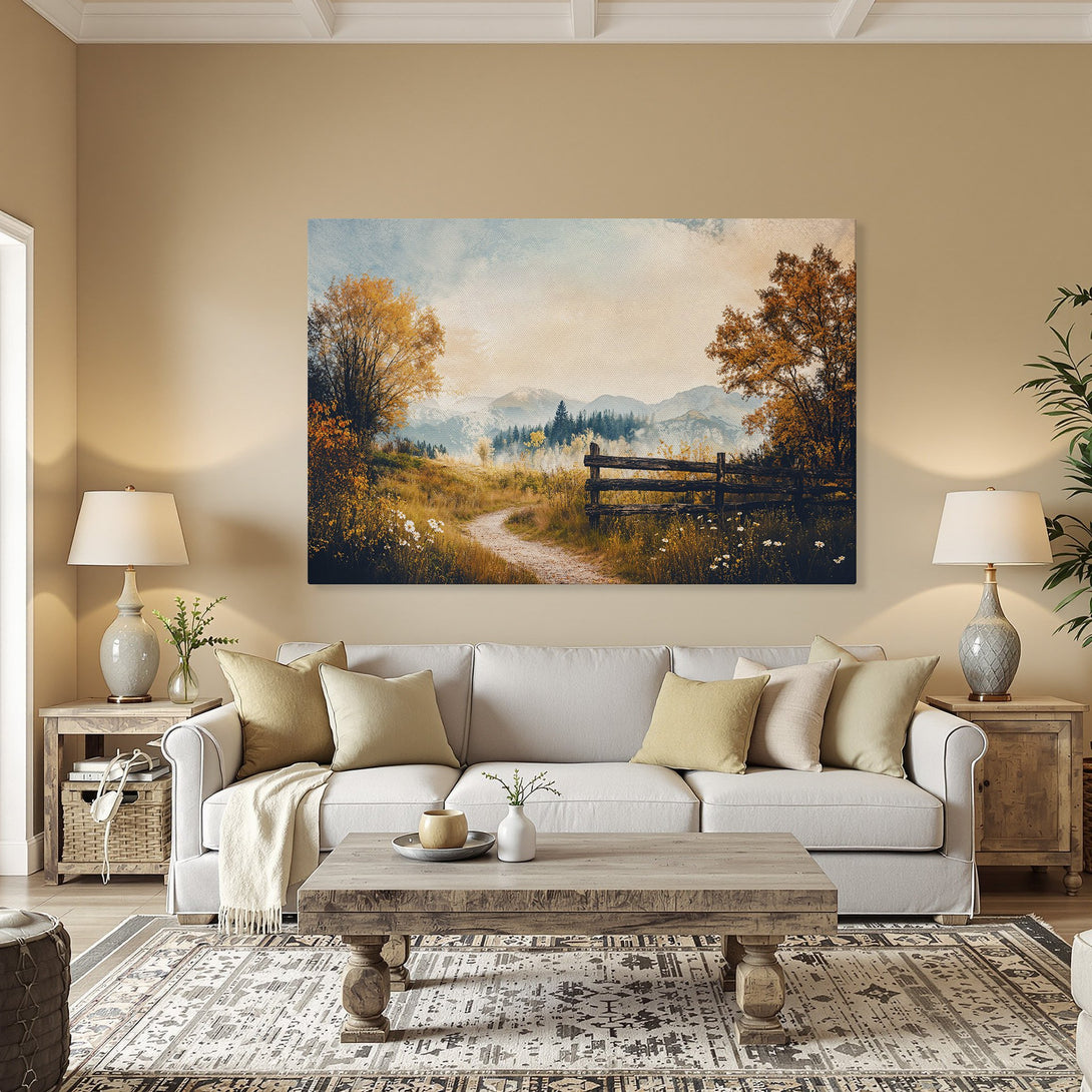 Framed Wall Art: Scenic landscape Canvas Print in warm autumn tones. Rustic style with path, fence, and mountains. Perfect home decor.