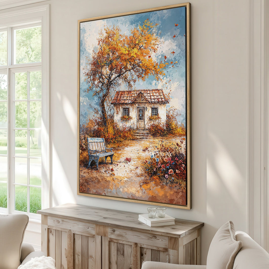 Framed Wall Art: Impressionist painting of a charming cottage in autumn. Warm, earthy tones and vibrant colors bring this landscape to life. Perfect for home decor.
