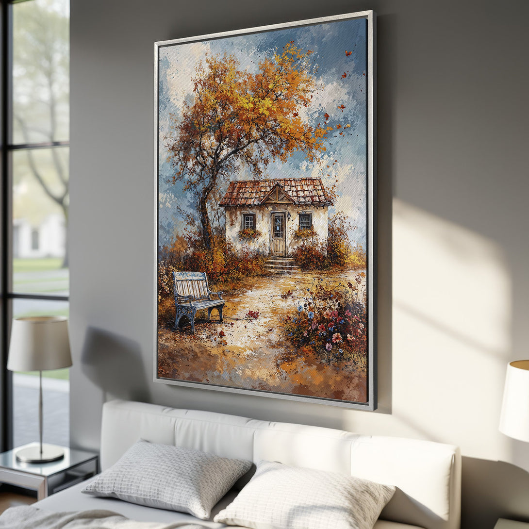 Framed Wall Art: Impressionist landscape Canvas Print of a cottage with fall colors. Warm palette of oranges, blues, and browns. Perfect for home decor.