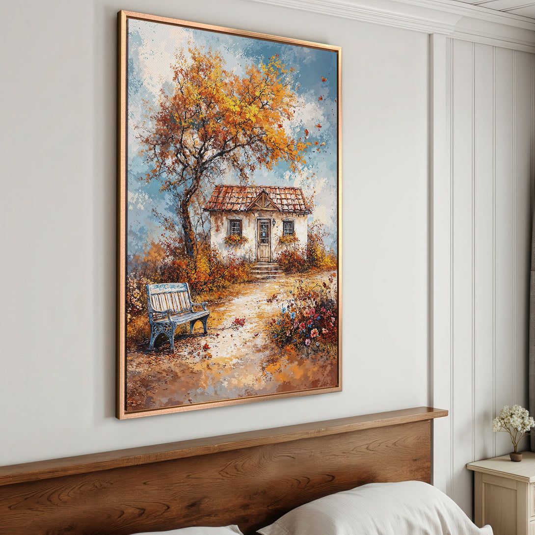 Framed Wall Art: Autumn landscape Canvas Print with warm, inviting colors. Cottage scene with vibrant orange and blue hues. Perfect home decor.