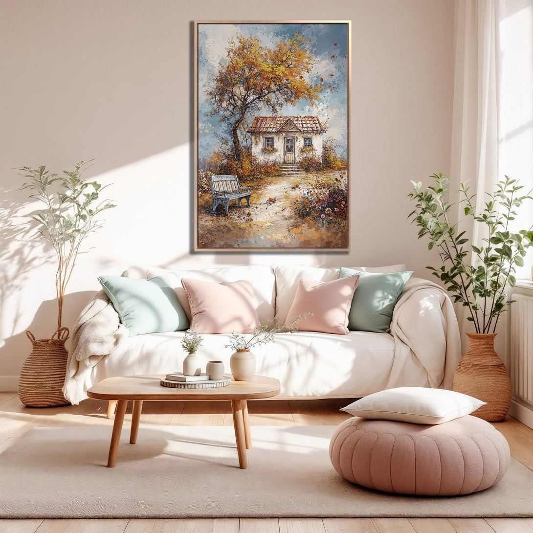 Framed Wall Art: Cottage scene Canvas Print with warm autumn colors. Perfect for adding a cozy, artistic touch to your home decor.