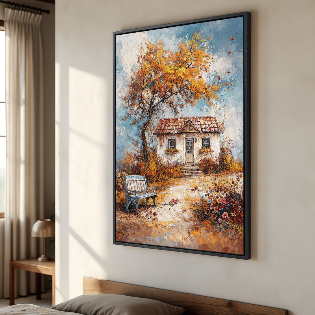 Framed Wall Art: Autumn cottage scene with warm orange & blue tones. Perfect for adding cozy, rustic charm to your living space. Shop now!