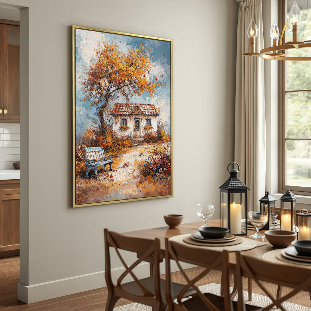 Canvas Print of a charming cottage scene with warm autumn colors. Rustic style wall art perfect for adding cozy vibes to your home.