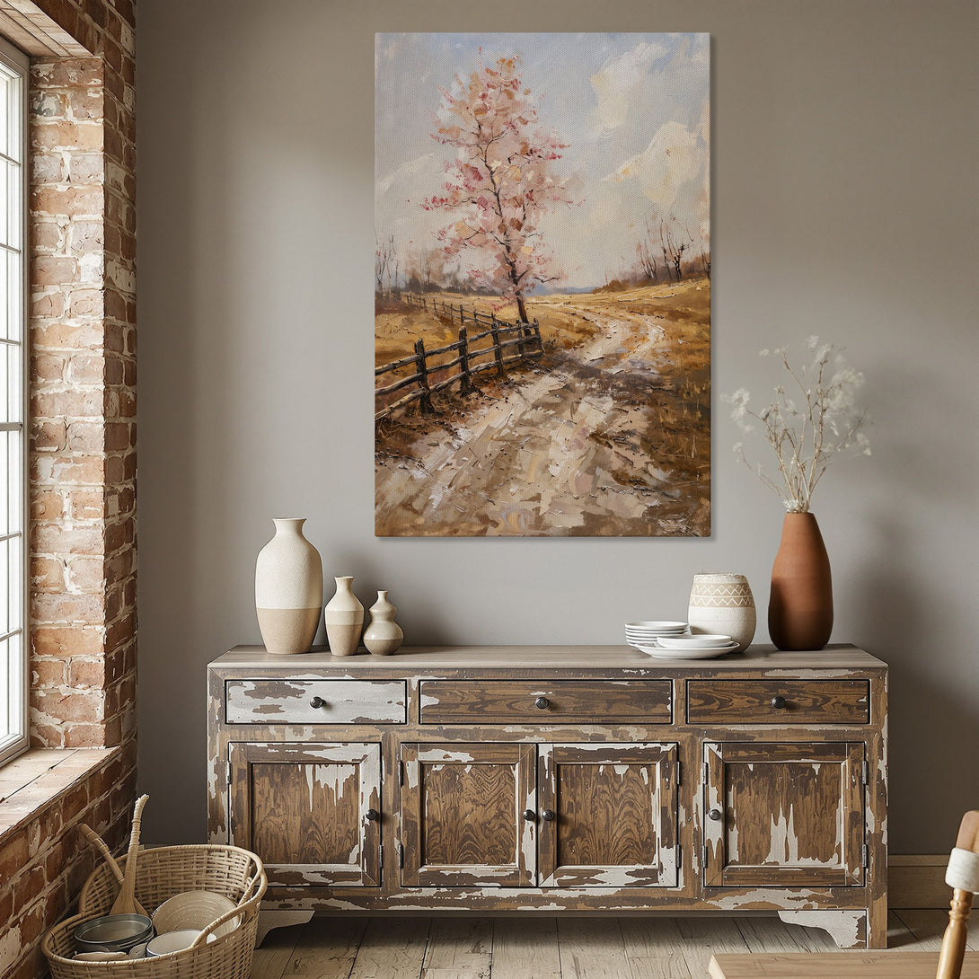 Framed Wall Art: Landscape painting with a pink tree. Warm, neutral color palette. Perfect for dining room decor.