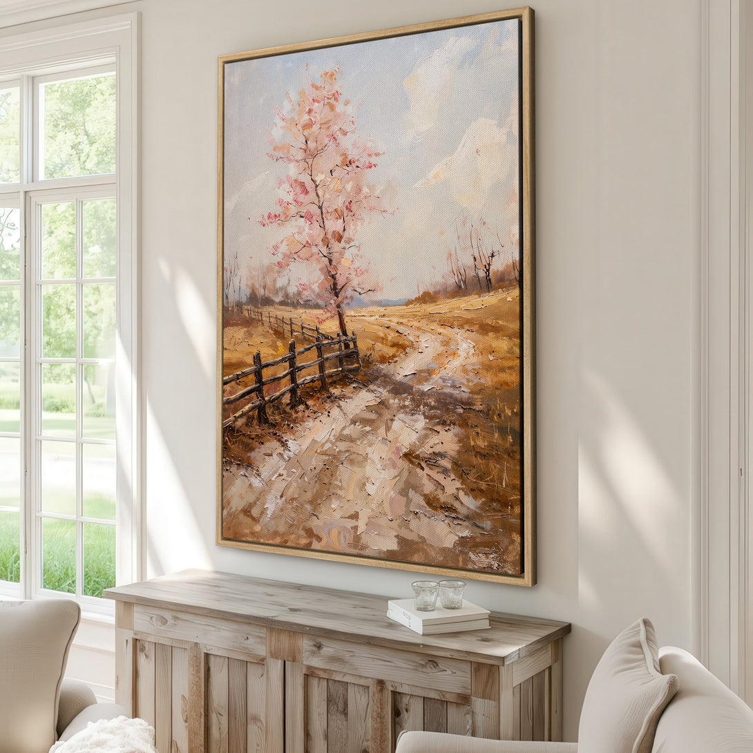 Framed Wall Art featuring a serene landscape painting with a tree and path, warm earth tones and soft pastels. Enhance your home decor with this beautiful Canvas Print.