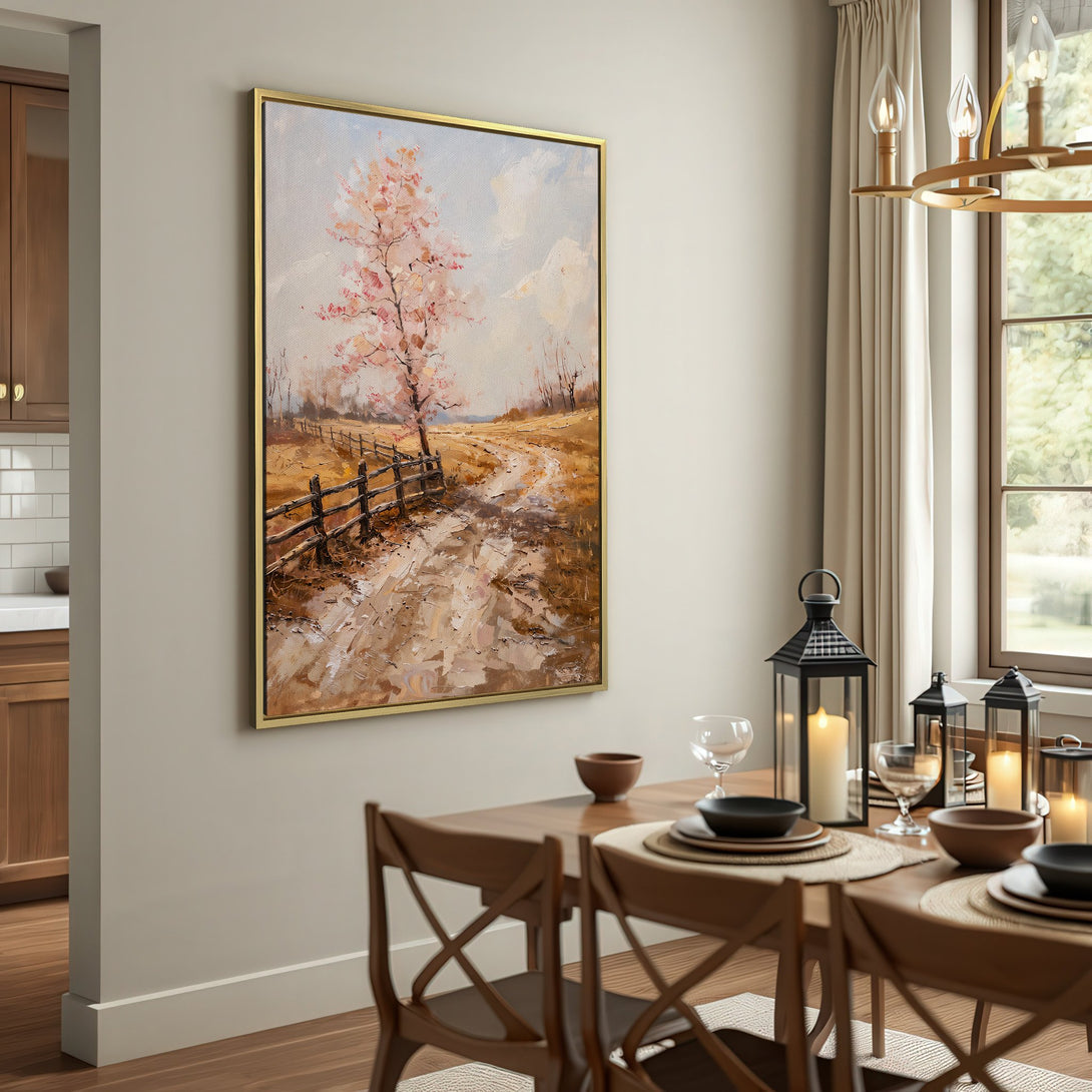 Canvas Print of a landscape painting with a tree and fence. Warm, earthy tones in a rustic interior setting.