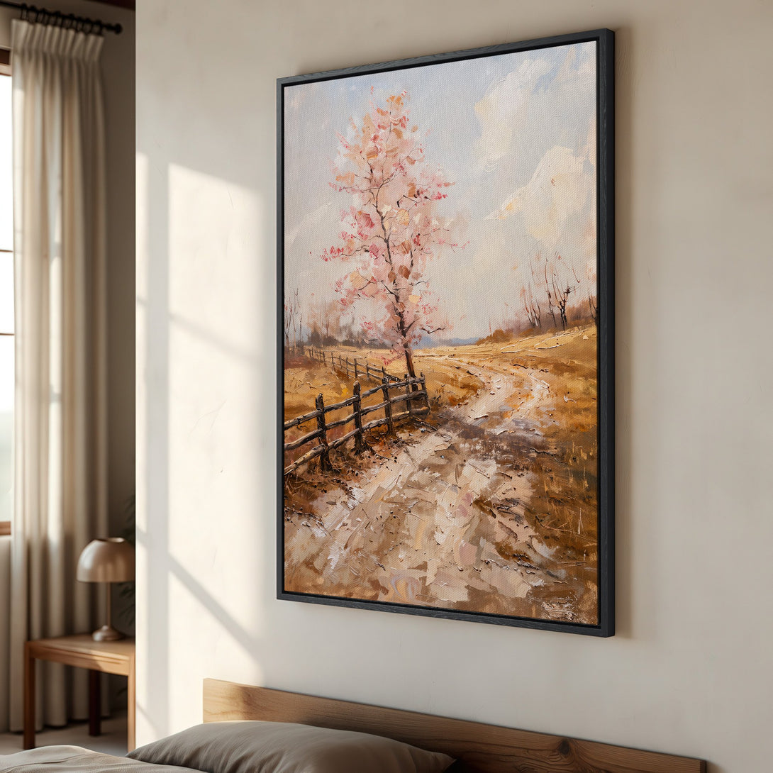 Framed Wall Art: Impressionist landscape with a flowering tree. Earthy tones and soft pinks create a warm, inviting aesthetic. Perfect for any room!