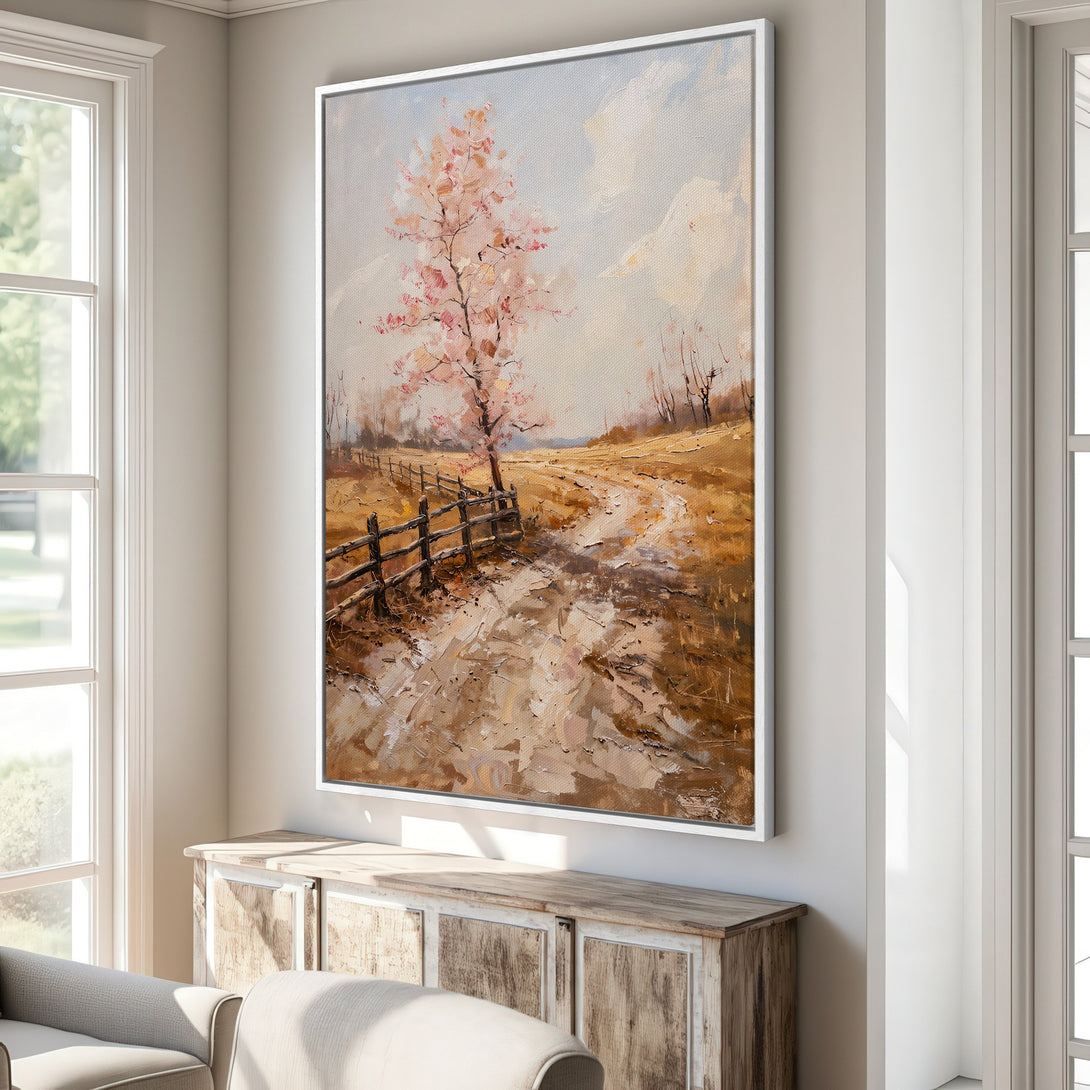 Framed Wall Art: Impressionist landscape Canvas Print with a pink tree and rustic road, warm earth tones and a touch of blue sky. Perfect for home decor!