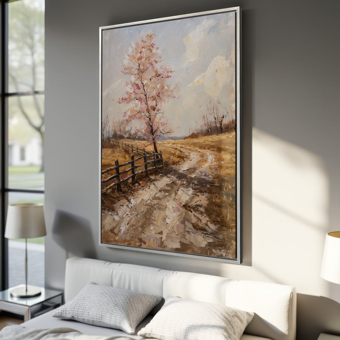 Framed Wall Art: Impressionist landscape painting with a tree and path, featuring a warm, earthy color palette. Perfect for adding a touch of nature to your space.