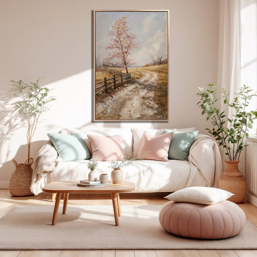 Framed Wall Art of a serene landscape painting with a tree and dirt road, featuring a warm, neutral color palette, perfect for home decor.