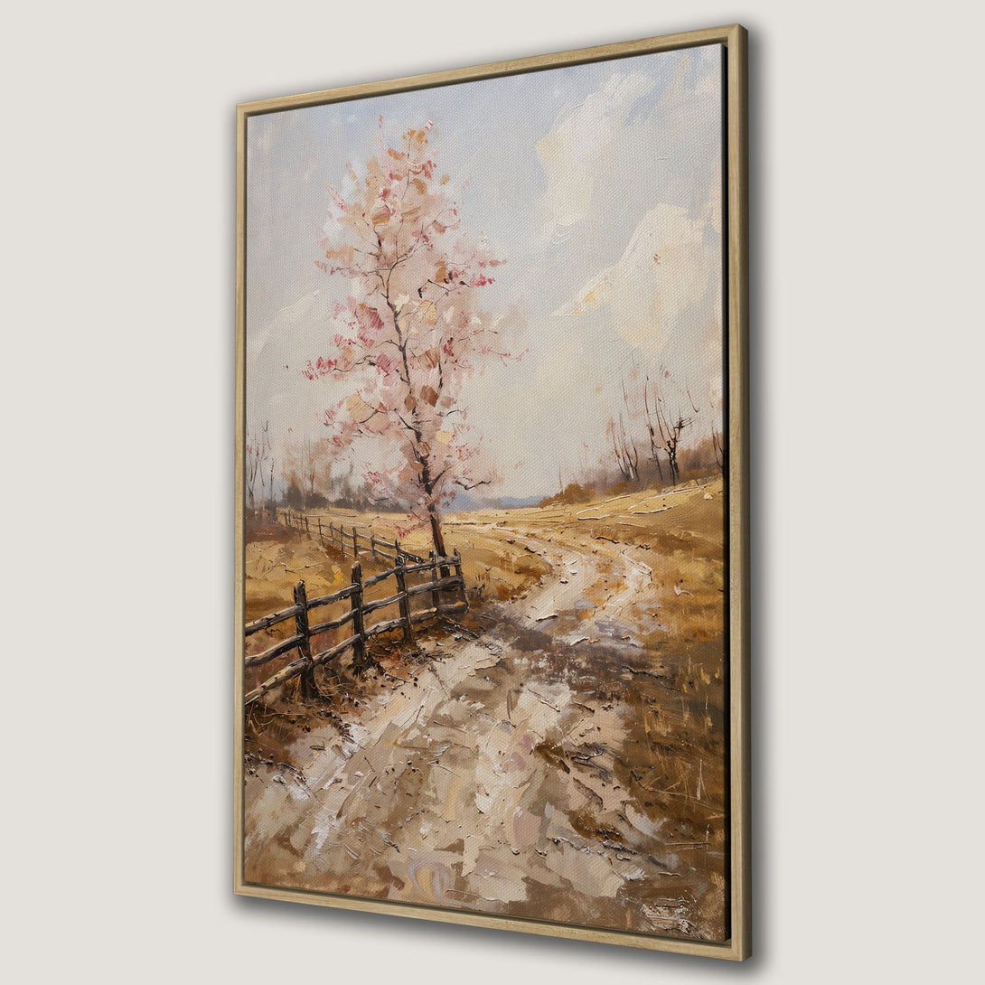 Framed Wall Art: Landscape Canvas Print with a tree in bloom. Warm, earthy tones and impressionistic style create a cozy, inviting atmosphere. Perfect wall decor.
