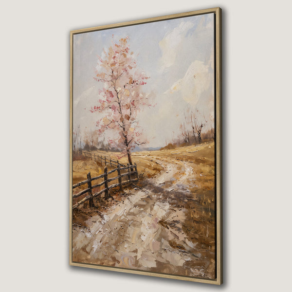 Framed Wall Art: Landscape Canvas Print with a tree in bloom. Warm, earthy tones and impressionistic style create a cozy, inviting atmosphere. Perfect wall decor.