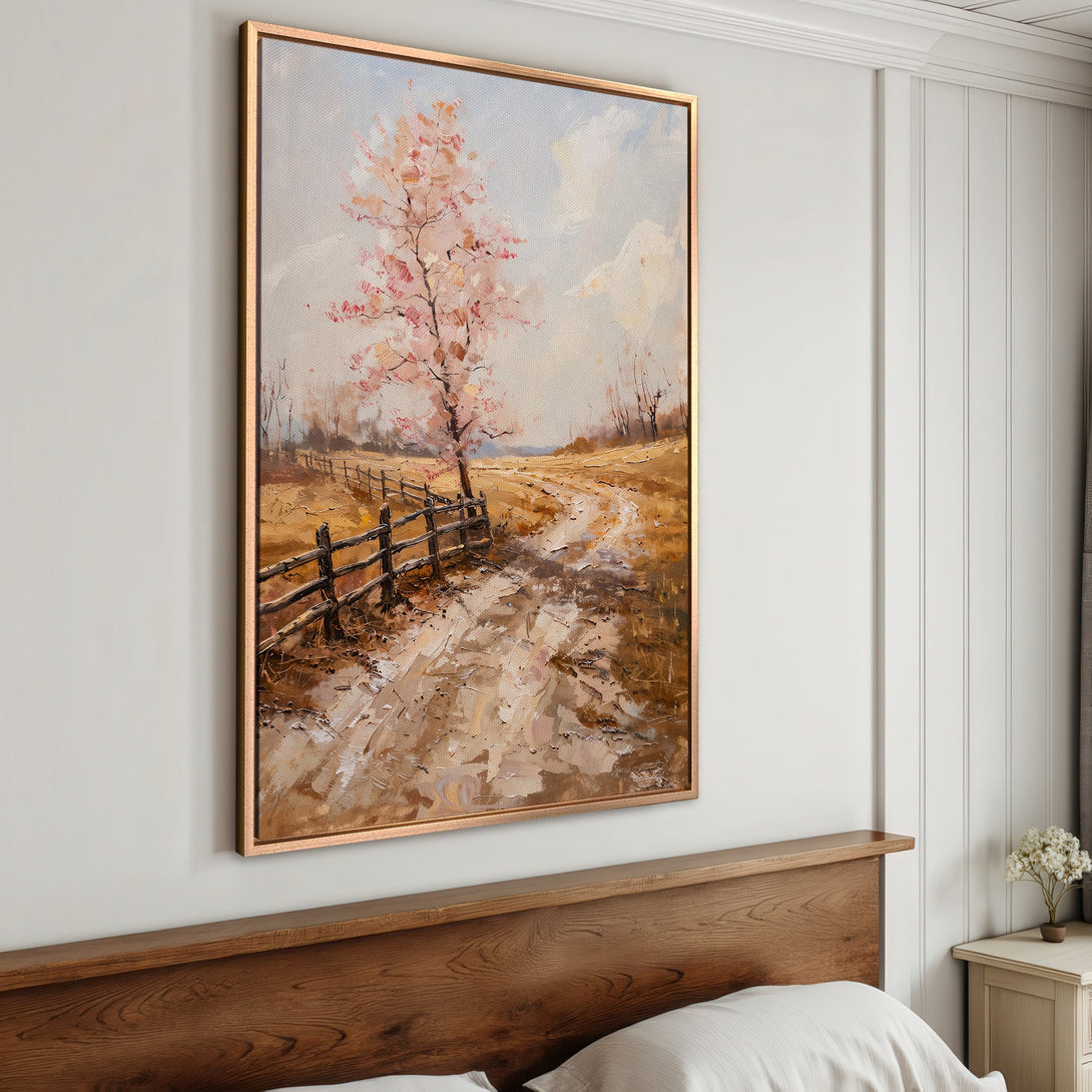 Framed Wall Art: Landscape painting with a pink tree, warm earth tones, and a rustic style. Perfect for adding a touch of nature to your home decor.