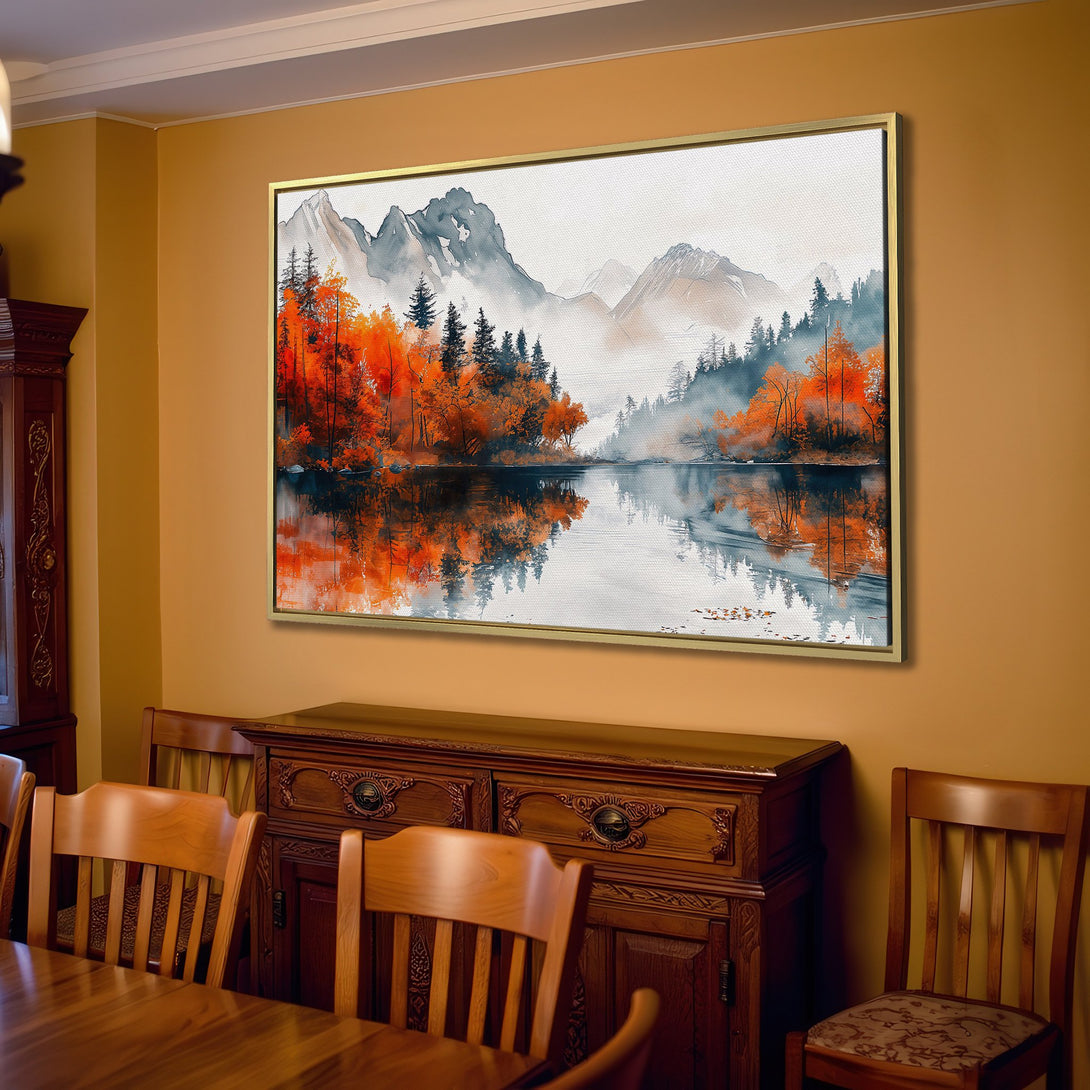 Canvas Print of a serene watercolor landscape with mountains, lake, and autumn trees. Warm orange and cool gray color palette, perfect for home decor.