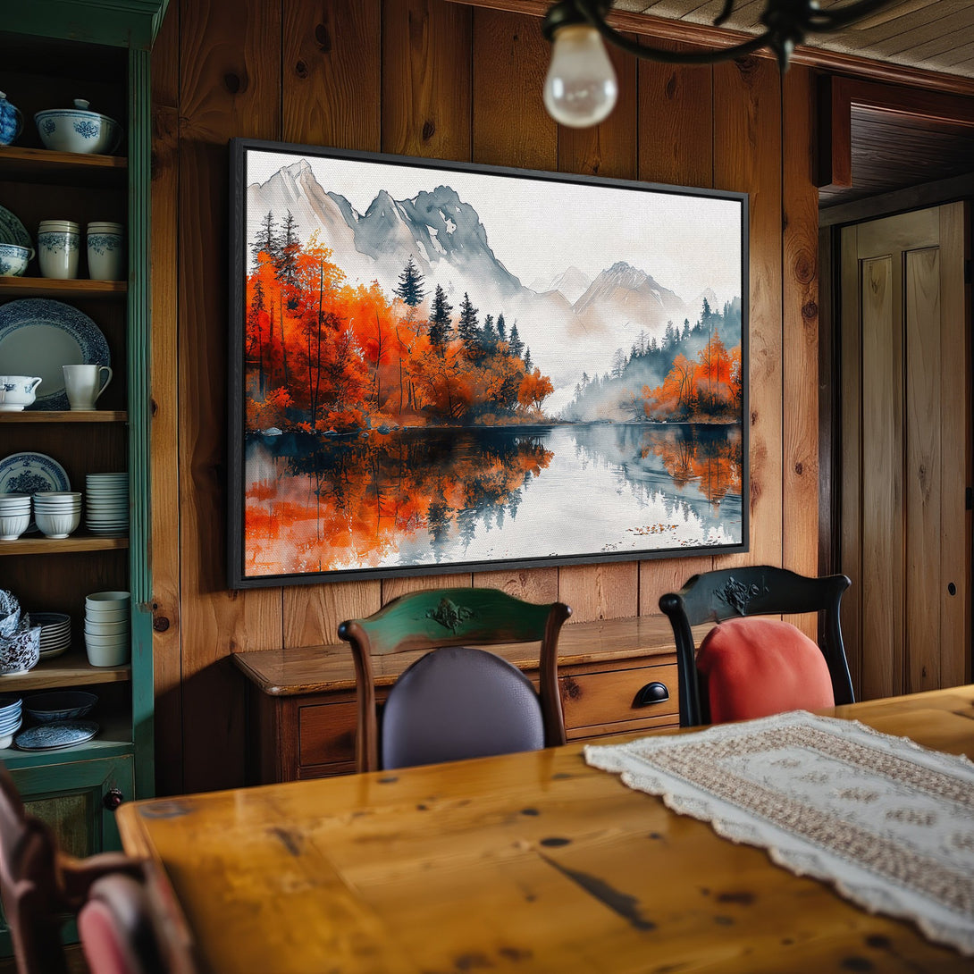 Framed Wall Art: Watercolor landscape Canvas Print with mountains, trees, and lake. Warm orange, gray, and blue color palette. Perfect for home decor.