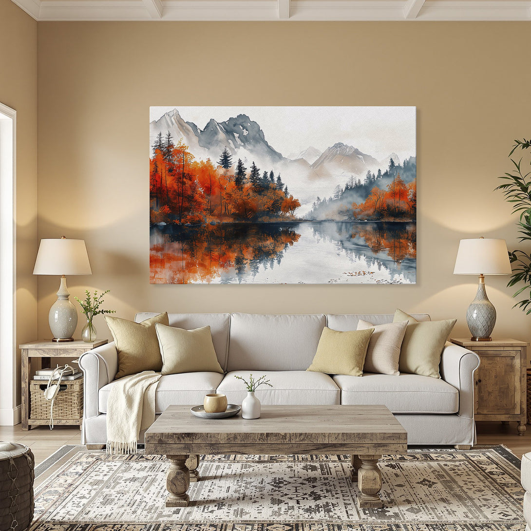 Framed Wall Art: Watercolor landscape Canvas Print with vibrant orange and teal color palette, perfect for adding a touch of nature to your home.