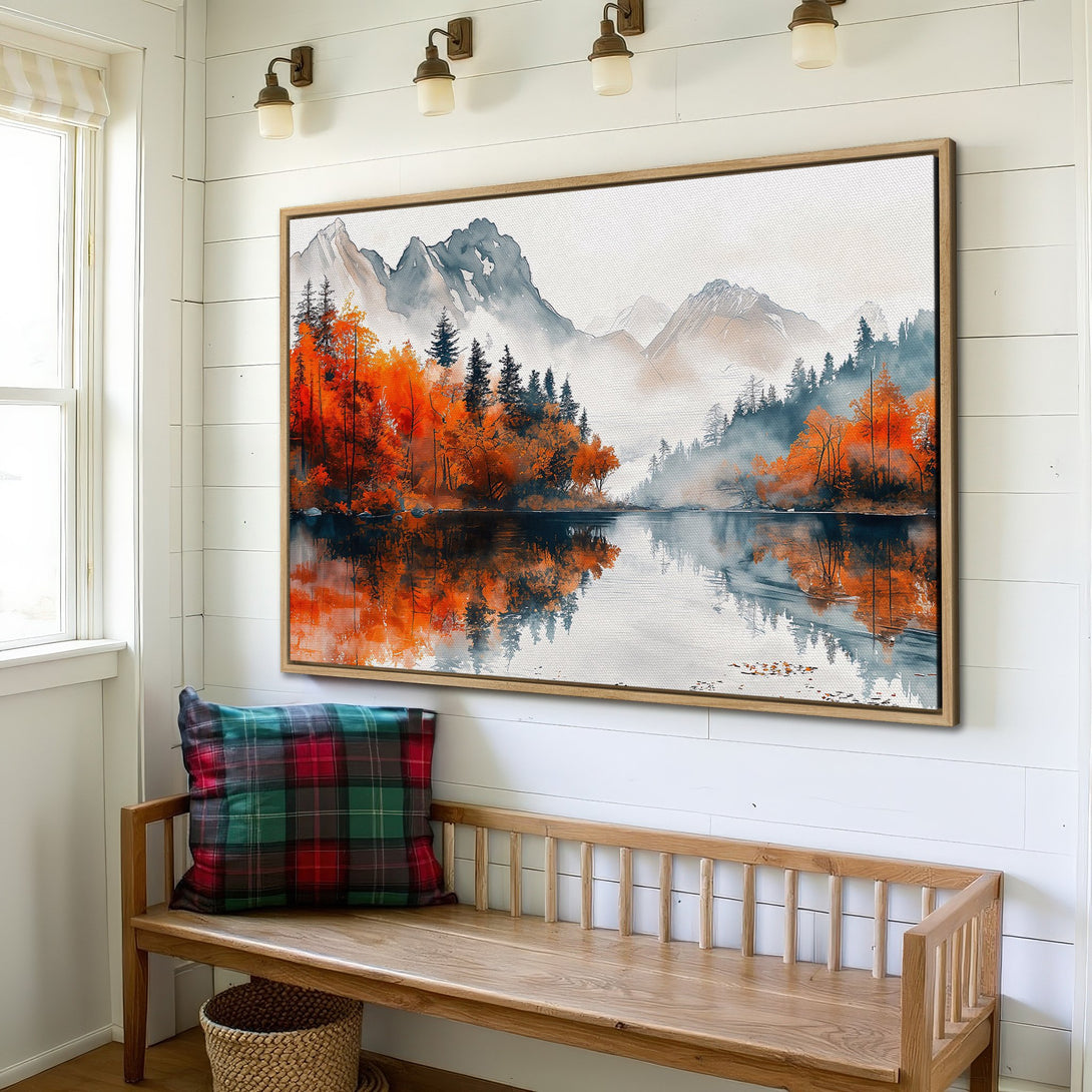 Framed Wall Art: Watercolor landscape of a lake and mountains in autumn colors. Adds a warm, inviting touch to any space.