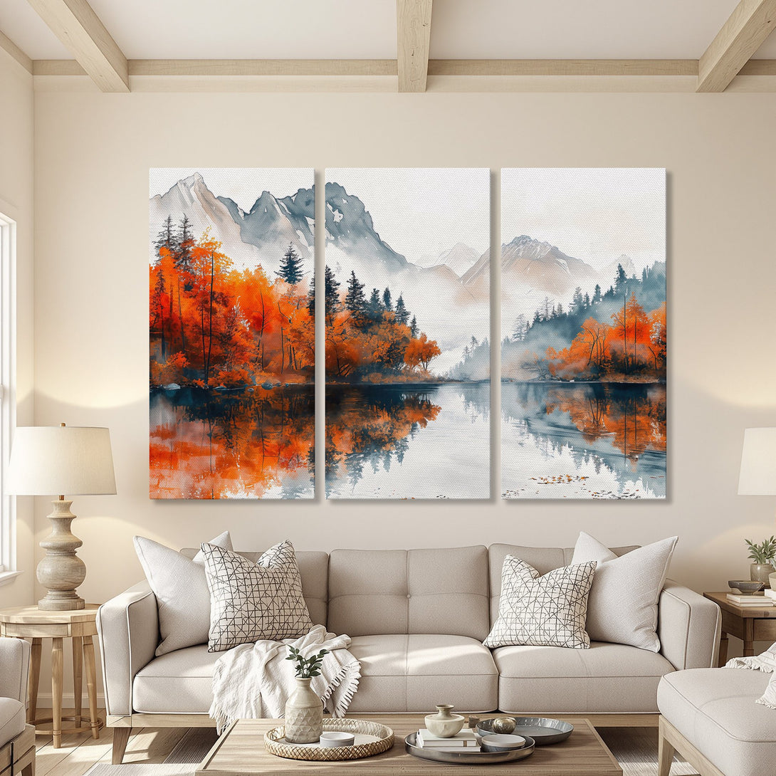 Canvas Print of a watercolor landscape with mountains, lake, and fall foliage in orange and blue hues. Perfect wall art for a cozy living room.