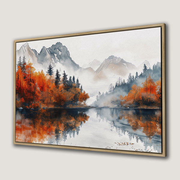 Canvas Print of a serene watercolor landscape with mountains, lake, and autumn trees. Features a warm orange, gray, and blue color palette.