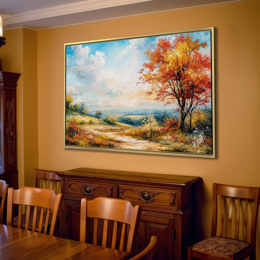 Canvas Print of a landscape painting with vibrant fall colors. Rustic style, warm orange, yellow, and blue hues. Perfect wall art for your home!