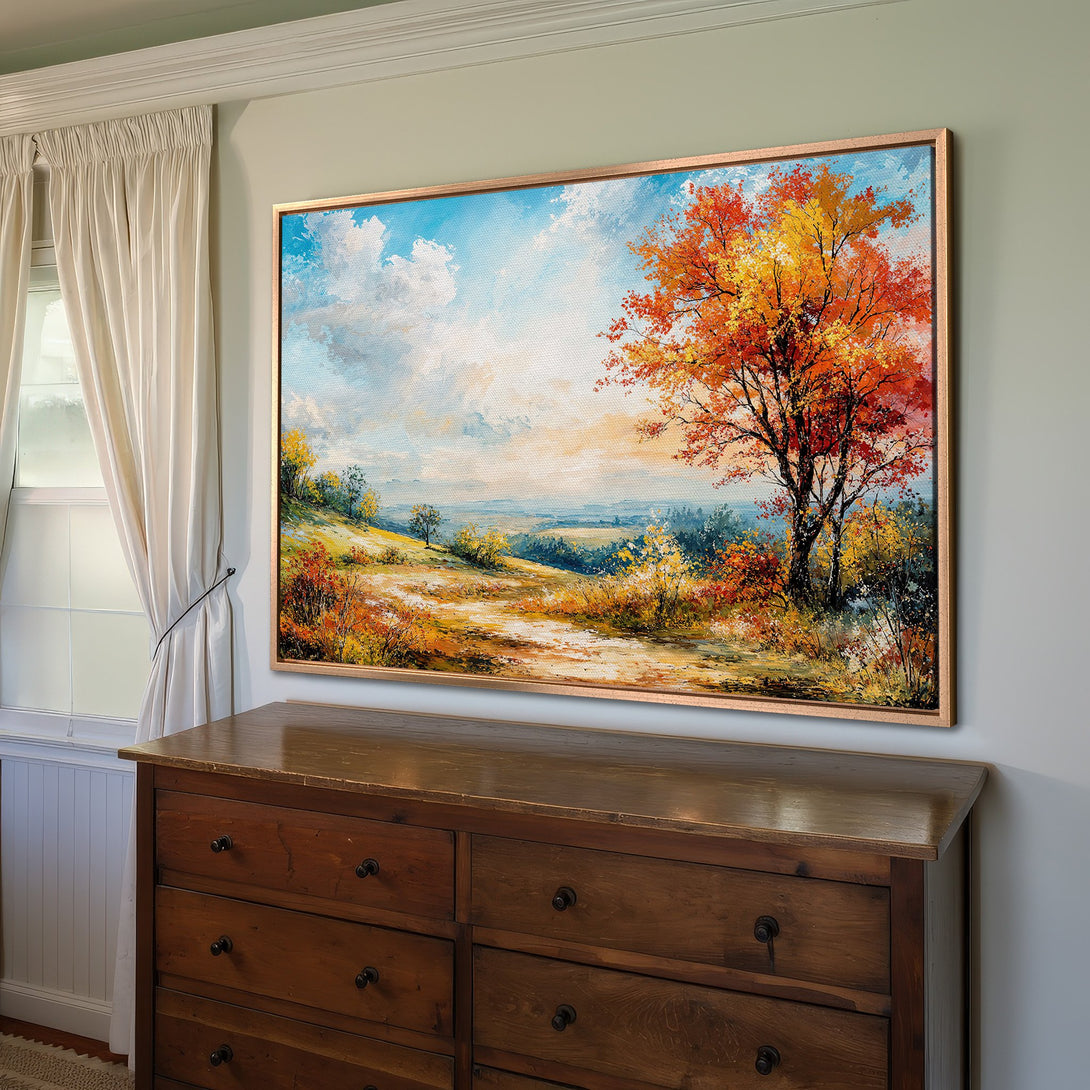 Framed Wall Art: Autumn landscape Canvas Print with vibrant orange, yellow, and blue hues. Perfect for adding warmth to your home!