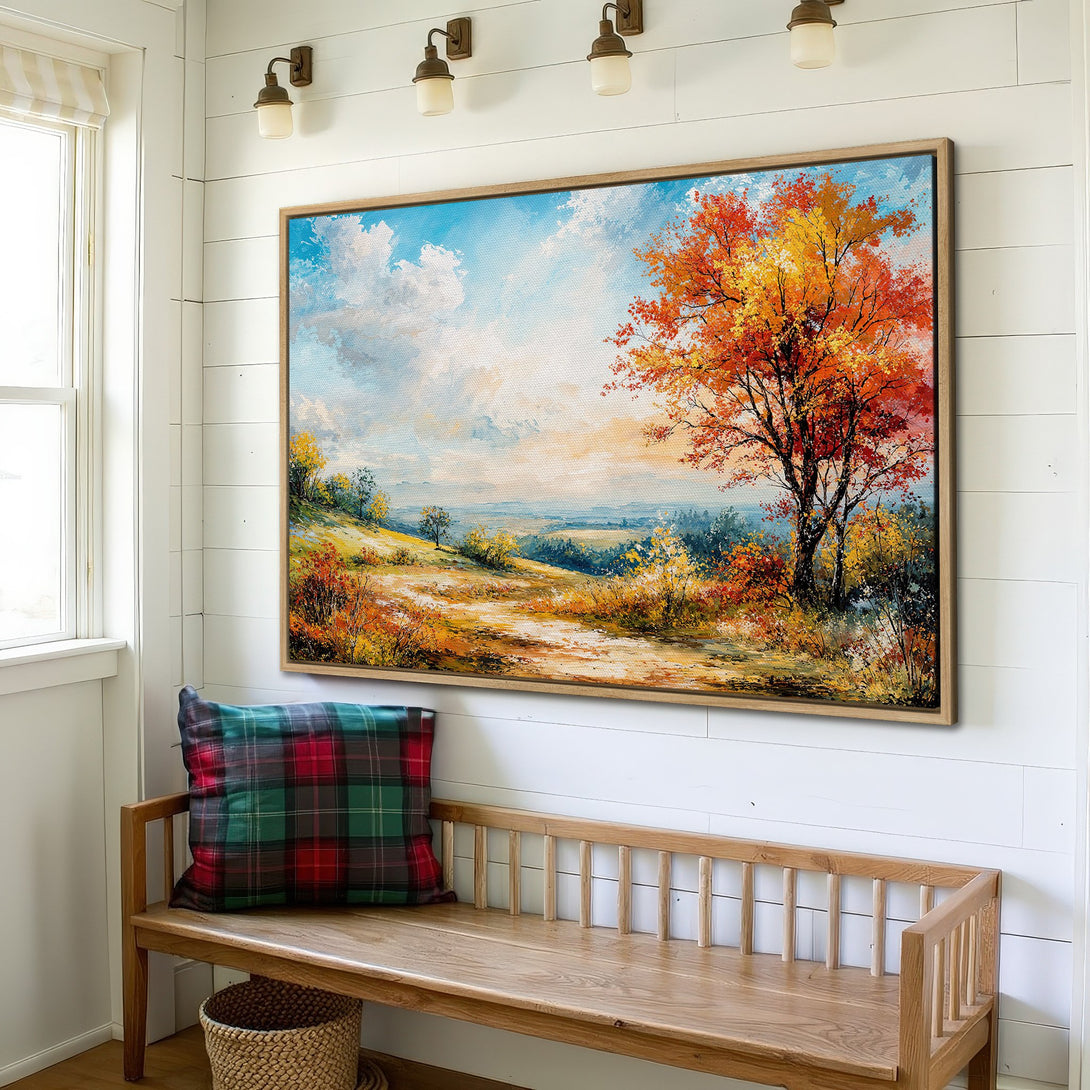 Framed Wall Art: Autumn landscape Canvas Print with vibrant red, orange, and blue hues. Rustic style art perfect for adding warmth to any space.