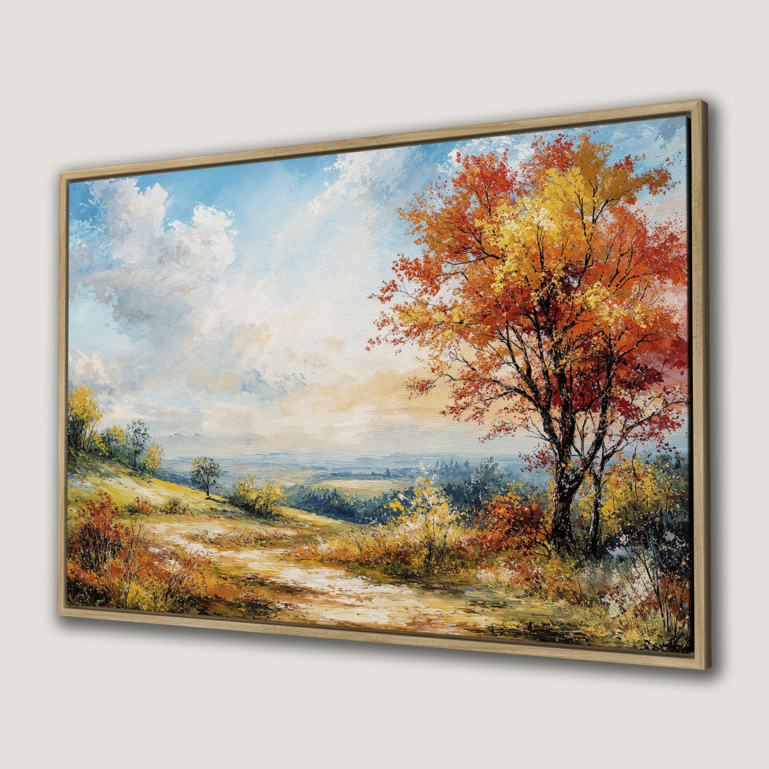 Framed Wall Art: Autumn landscape canvas print in warm orange and yellow hues. Beautiful tree art for your home decor, perfect for fall.