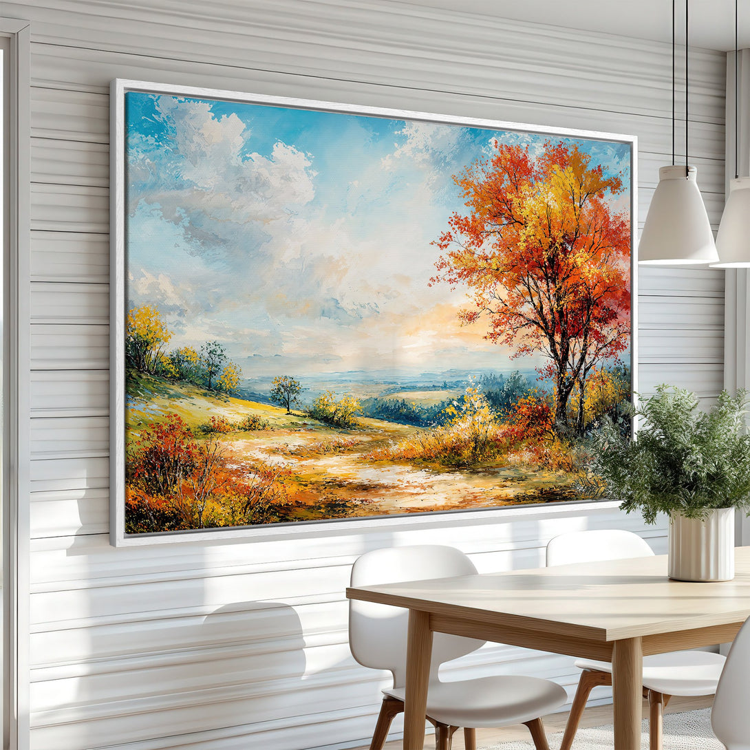 Framed Wall Art: Stunning landscape Canvas Print with vibrant autumn colors. Adds warmth and style to any interior. Perfect for living rooms and dining areas.