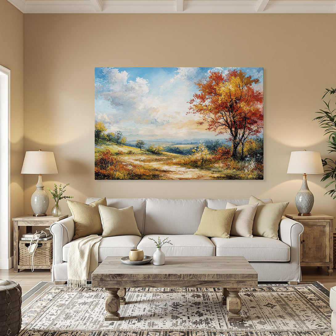 Framed Wall Art: Autumn landscape Canvas Print in warm tones. Adds cozy charm to any room. Featuring red, orange, and yellow hues.