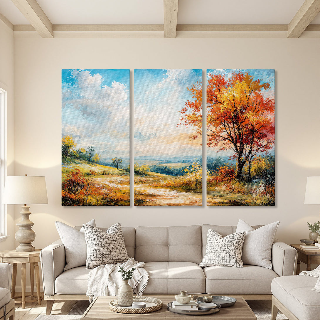 Canvas Print of a vibrant landscape painting with autumn trees, in a warm, inviting living room. Featuring a colorful palette of reds, oranges, and blues.