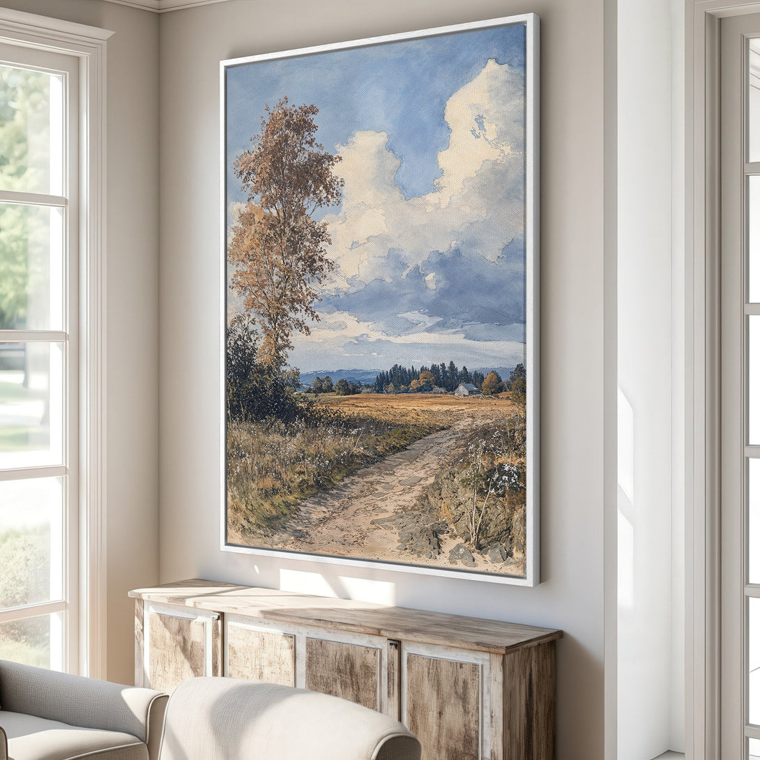 Framed Wall Art: Landscape Canvas Print with a serene countryside scene in muted earth tones and blue sky. Perfect for adding a touch of nature to your home.