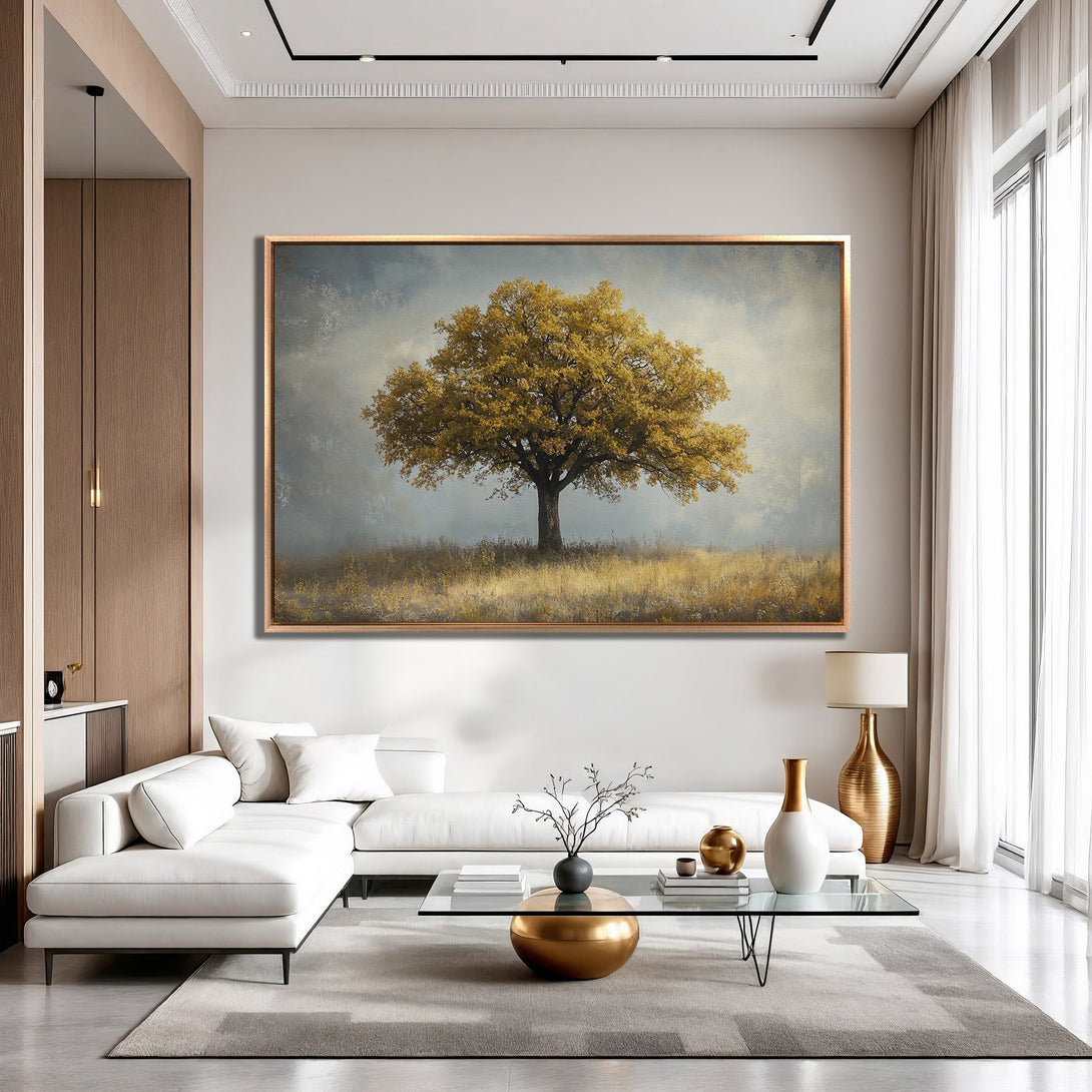 Framed Wall Art: Majestic tree canvas print in warm gold and muted blue tones. Perfect for adding a touch of nature and elegance to your home decor.